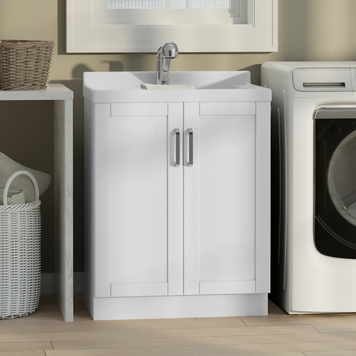 White Laundry Cabinet with Stainless Steel Sink and Pull-Out Faucet