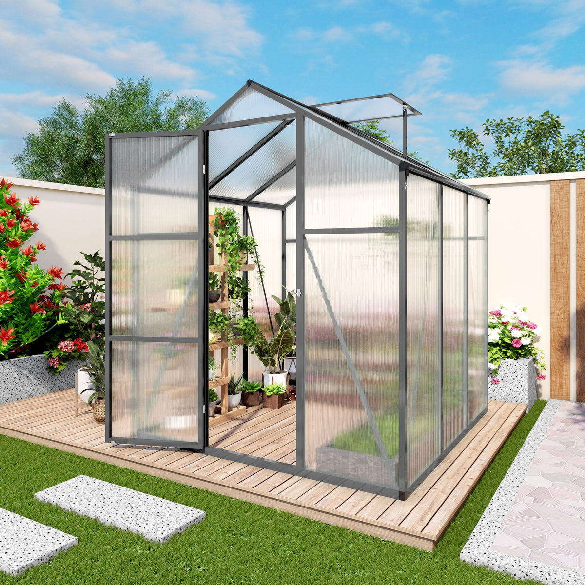 Windproof Greenhouse with Raised Base - Polycarbonate Panels - Black
