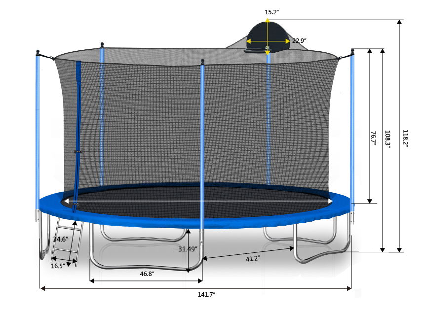12Ft Trampoline with Basketball Hoop and Safety Net - Blue