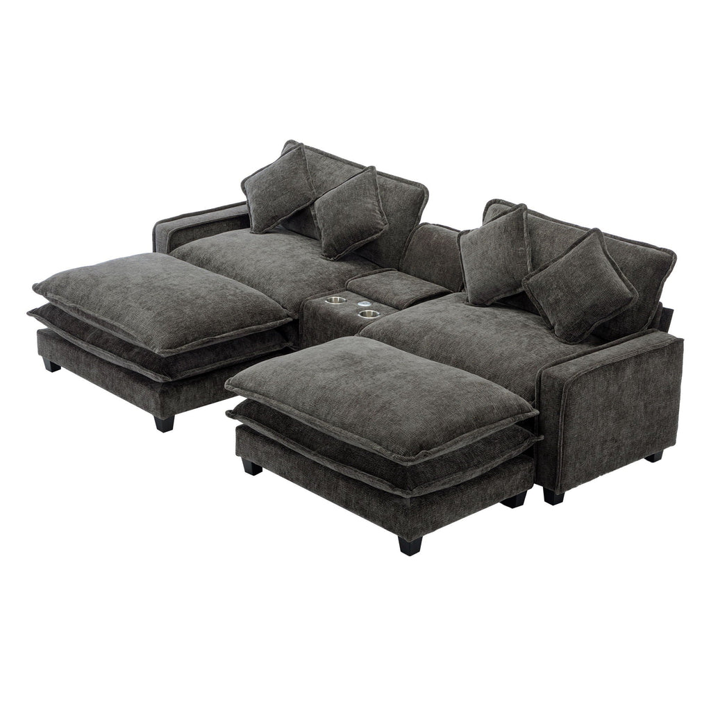 Modern Sectional Sofa with Removable Ottomans, USB Ports - Dark Gray or Light Blue