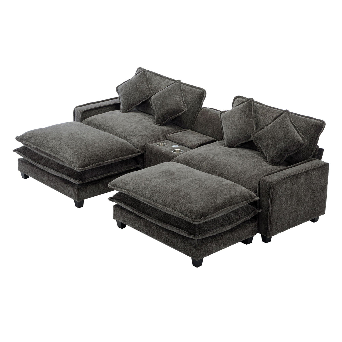 Modern Sectional Sofa with Removable Ottomans, USB Ports - Dark Gray or Light Blue