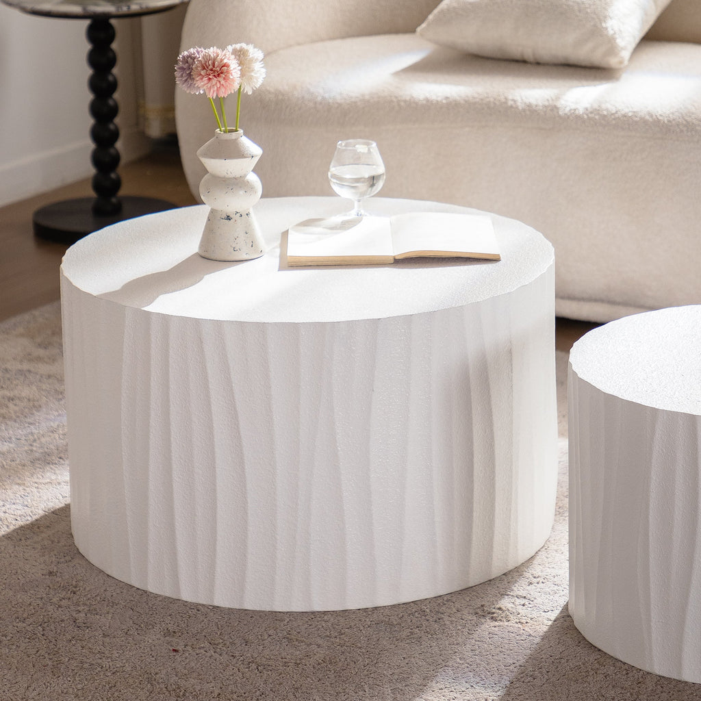 Nesting Coffee Table Set of 2 Round Wooden Tables with Handcrafted Relief - Wood Finish
