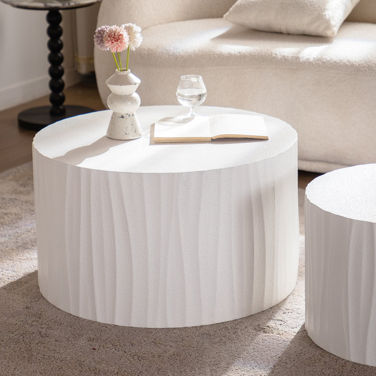 Nesting Coffee Table Set of 2 Round Wooden Tables with Handcrafted Relief - Wood Finish