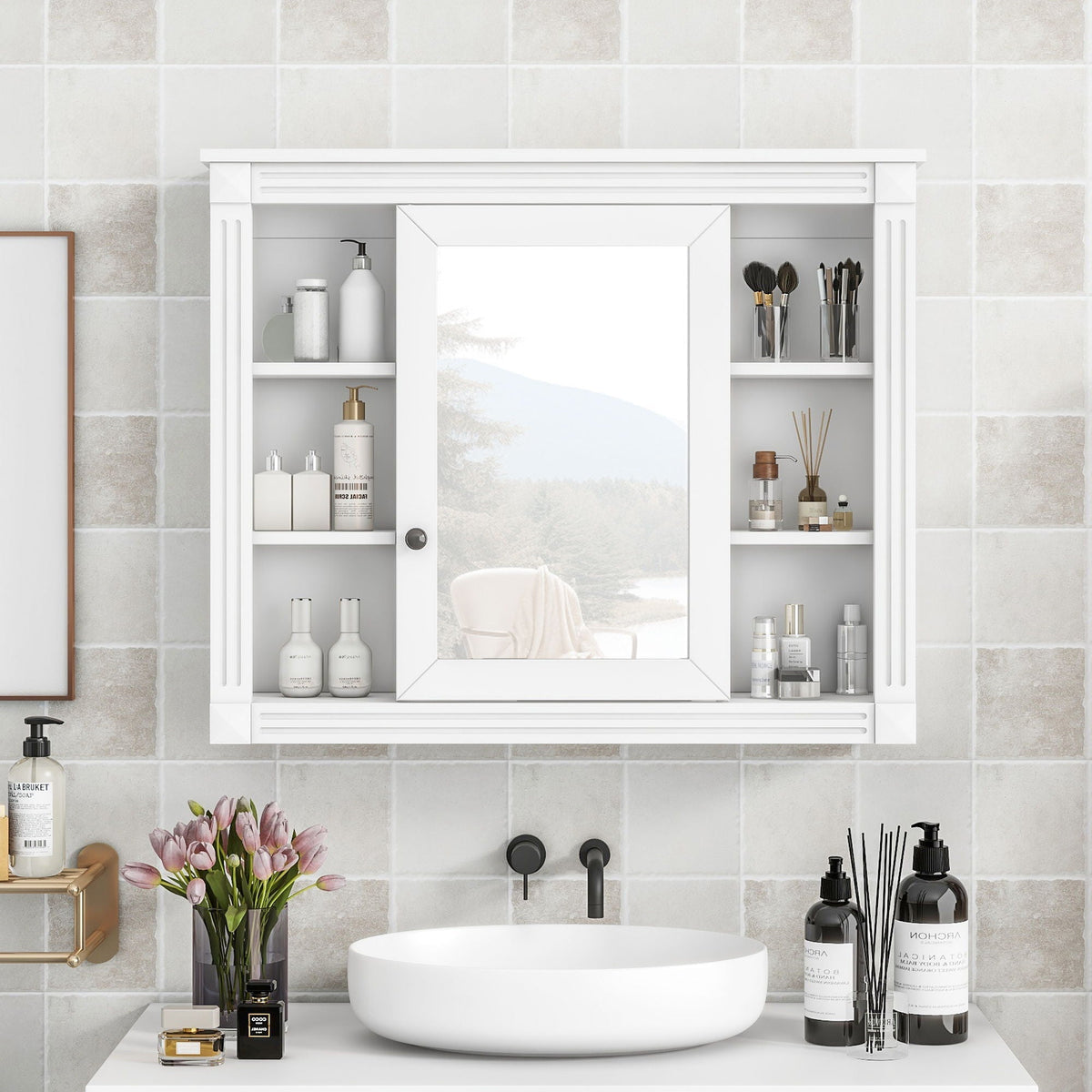 Wall Mounted Bathroom Storage Cabinet with Mirror - Blue, White, or Dark Gray