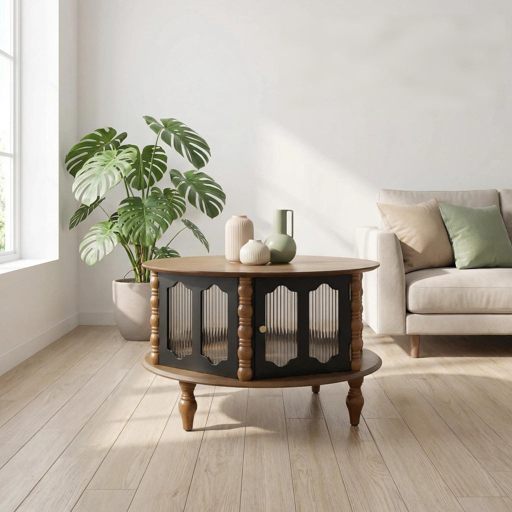 Round Storage Coffee Table with Fluted Glass Doors - Black or Dark Brown