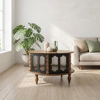 Round Storage Coffee Table with Fluted Glass Doors - Black or Dark Brown