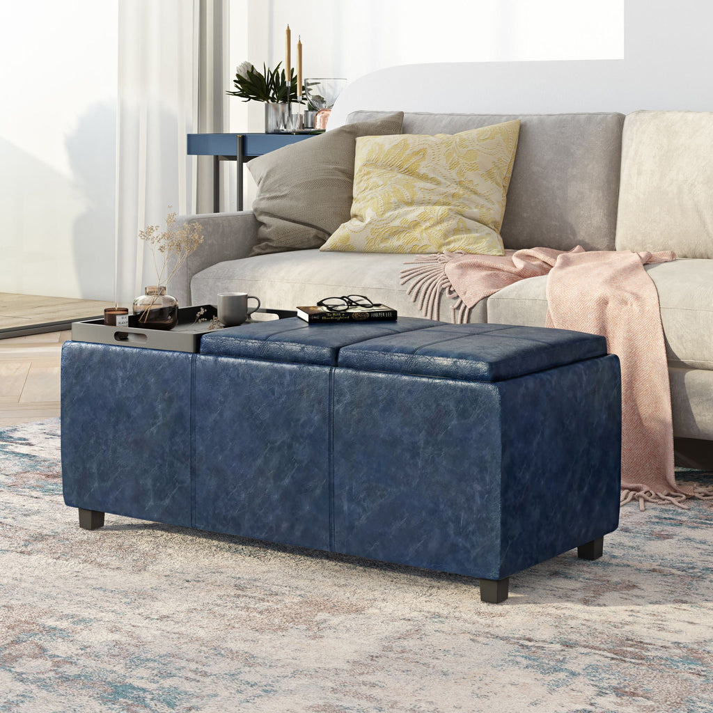 Avalon Upholstered Storage Ottoman with Flip-Over Serving Trays - Multiple Colors