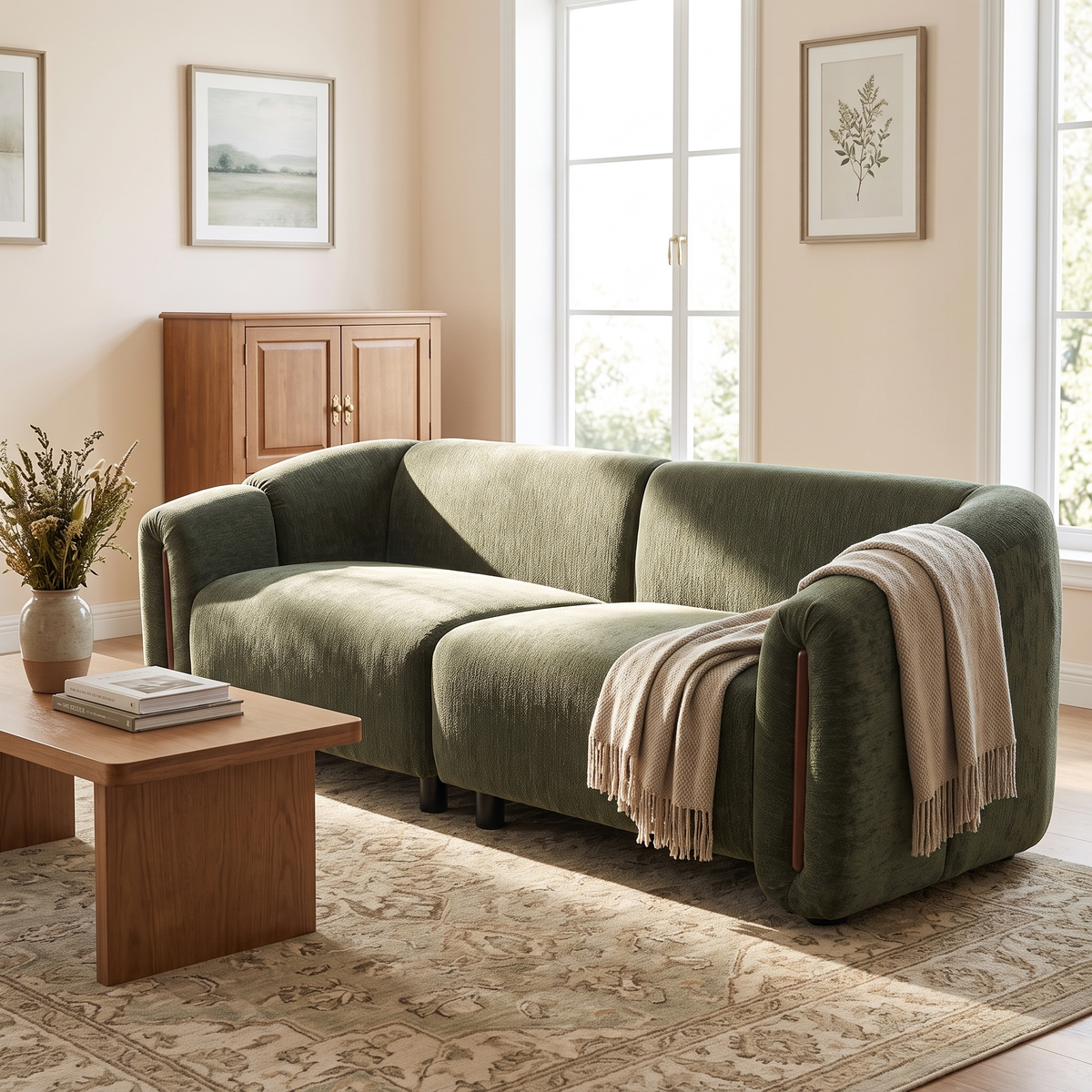 Modern Minimalist Curved Block Sofa with Wood Accents - Cream Boucle