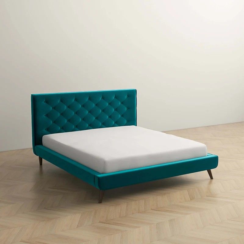 Light Blue Queen Platform Bed with Button Tufted Headboard
