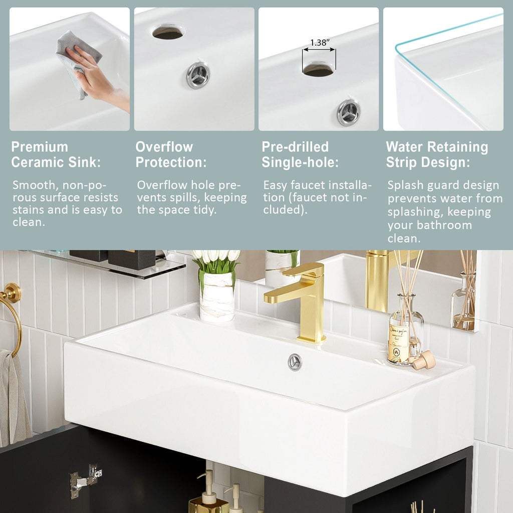 Bathroom Vanity with Single Ceramic Sink and Side Storage - Multiple Colors