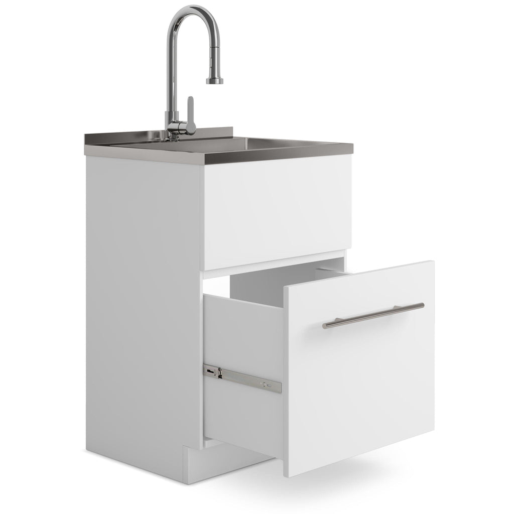 White Laundry Cabinet with Stainless Steel Sink and Faucet
