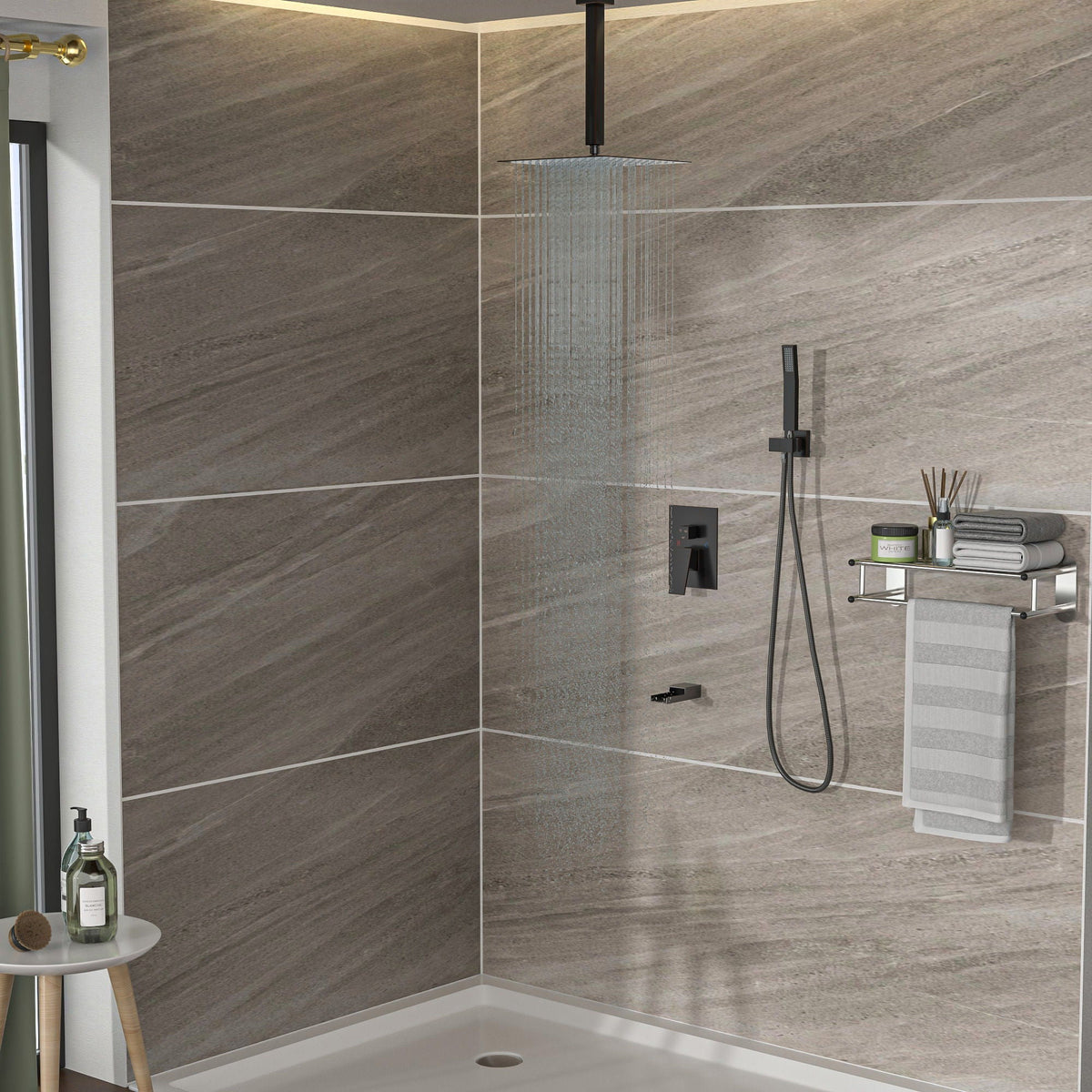 Modern Shower System with Waterfall Tub Spout - Black or Gray