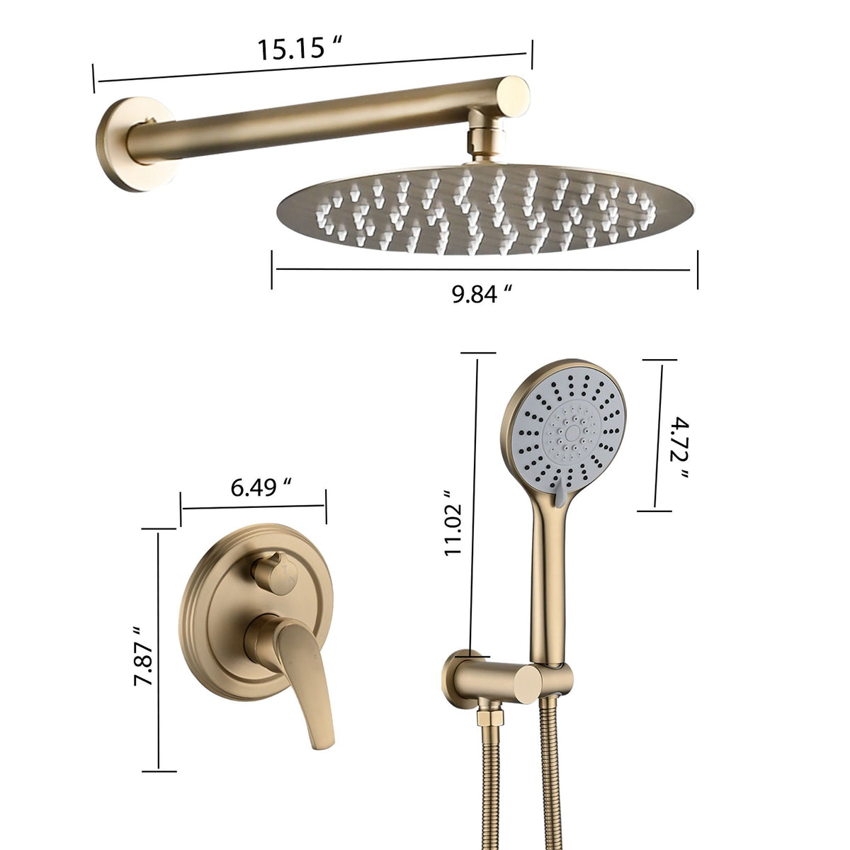 Wall Mounted Shower Set with High Pressure 10" Rain Head & 5-Function Handheld - Gold or Pearl Silver