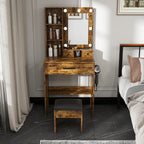 Vanity Set with Mirror, Adjustable LED Lights & Power Outlet - Wood & Mirror