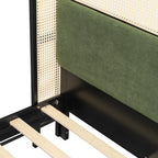 Queen Size Bed Frame with Plush Green Upholstered Headboard - Green
