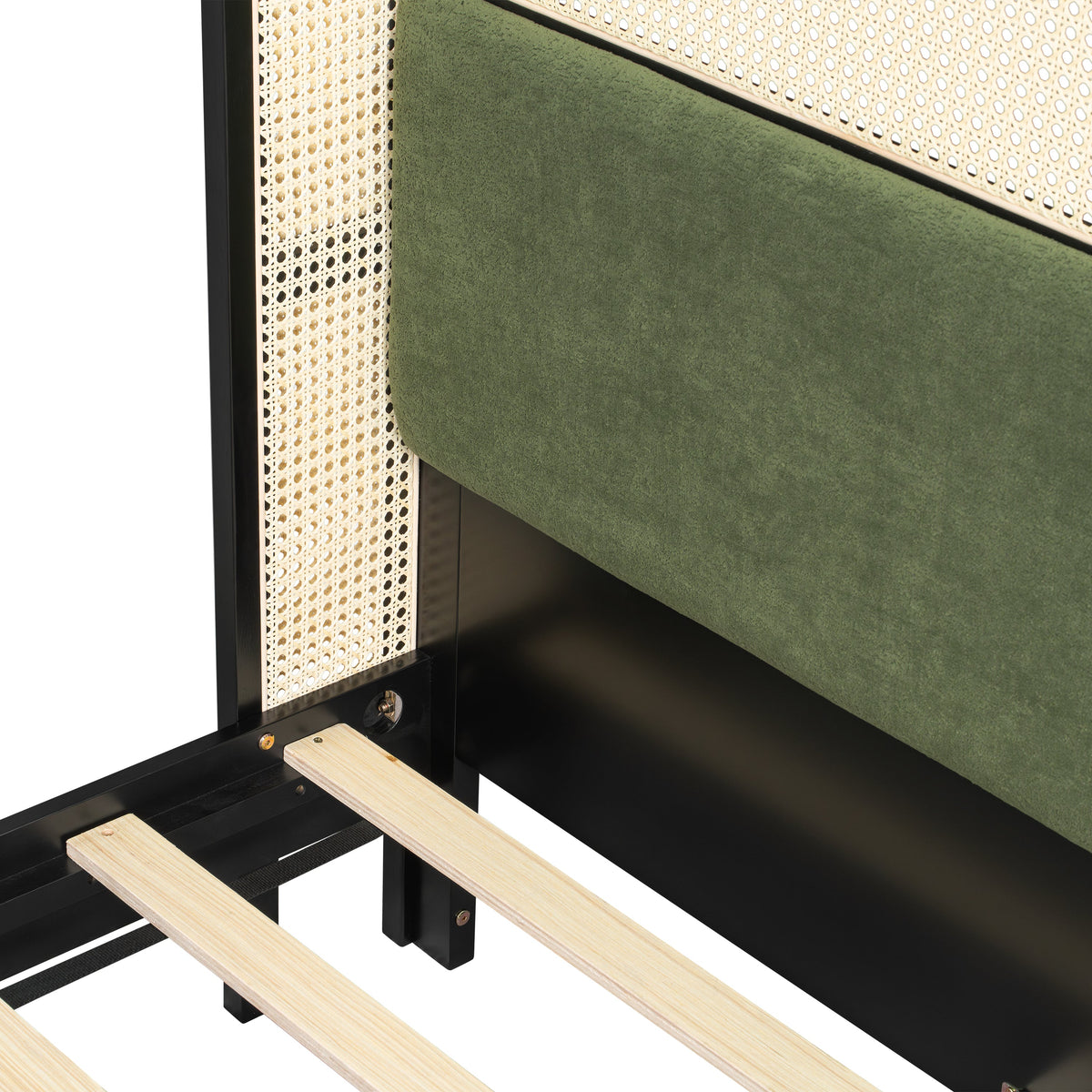 Queen Size Bed Frame with Plush Green Upholstered Headboard - Green