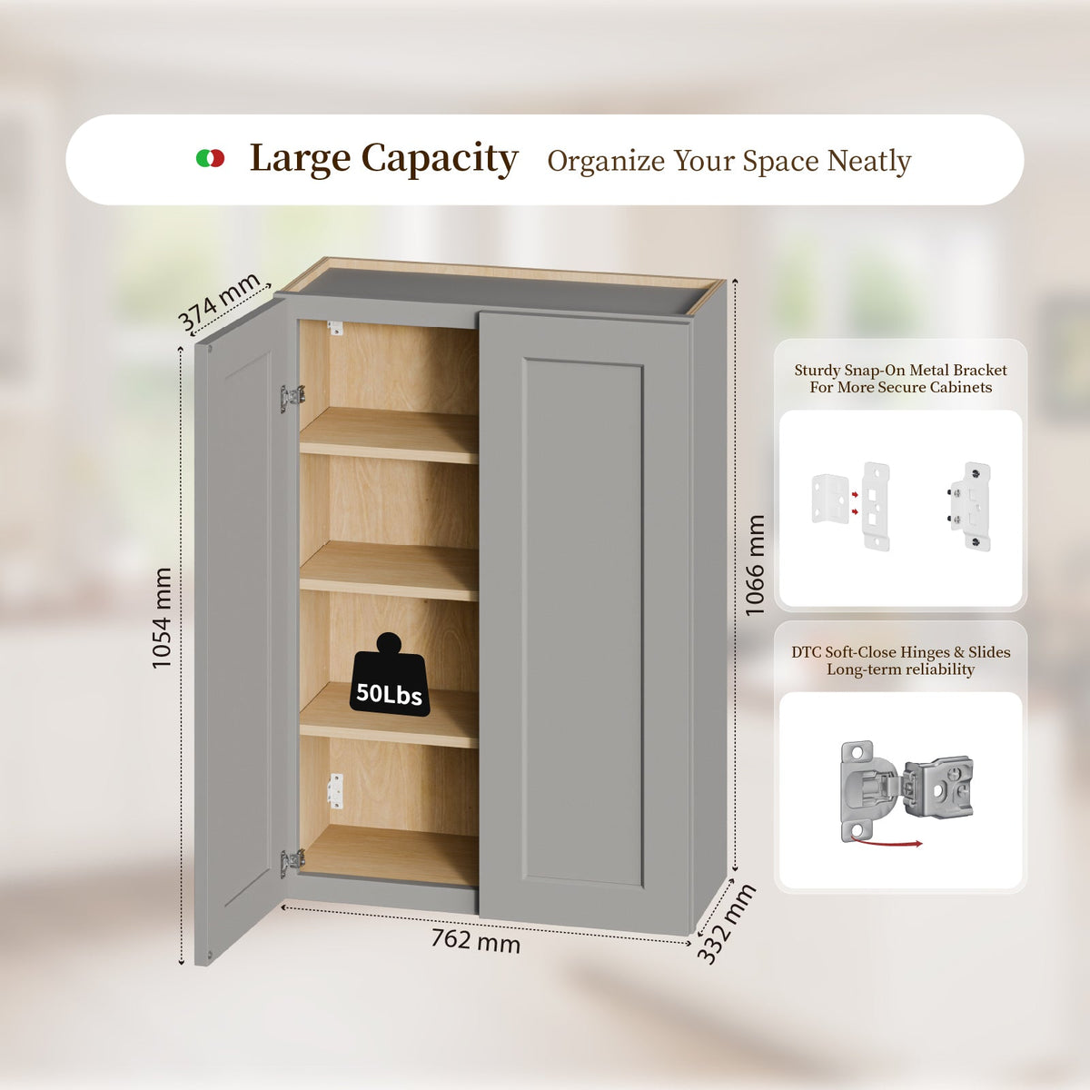 Gray Shaker Solid Wood Bathroom Storage Cabinet with Soft-Close Doors - Gray