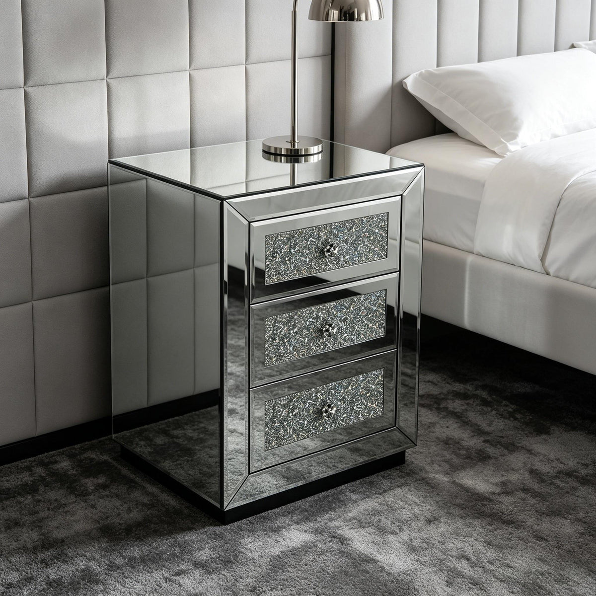 3 Drawer Nightstand with Glass Accents - Silver