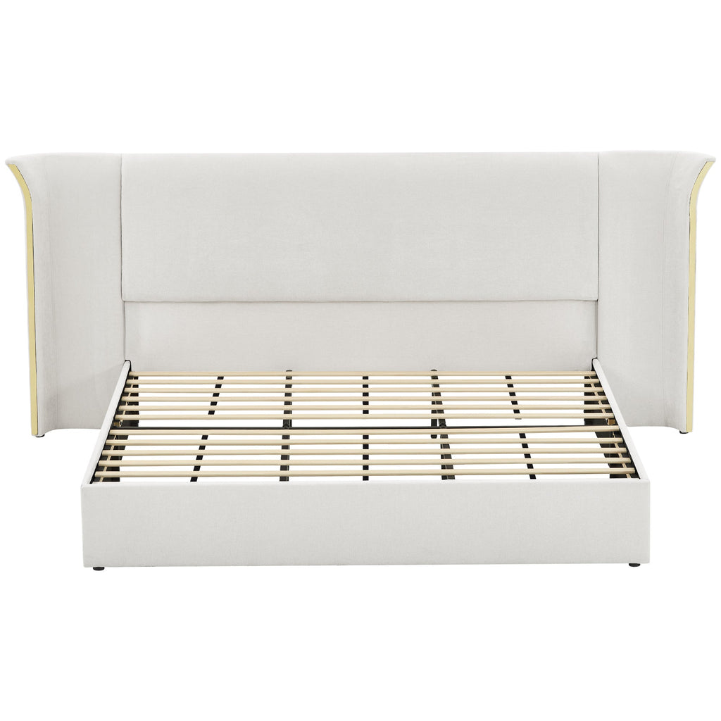 King Size Luxury Wing-Back Upholstered Bed Frame with Padded Headboard - Beige