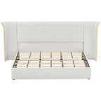 King Size Luxury Wing-Back Upholstered Bed Frame with Padded Headboard - Beige