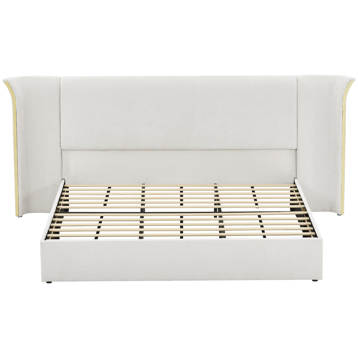 King Size Luxury Wing-Back Upholstered Bed Frame with Padded Headboard - Beige