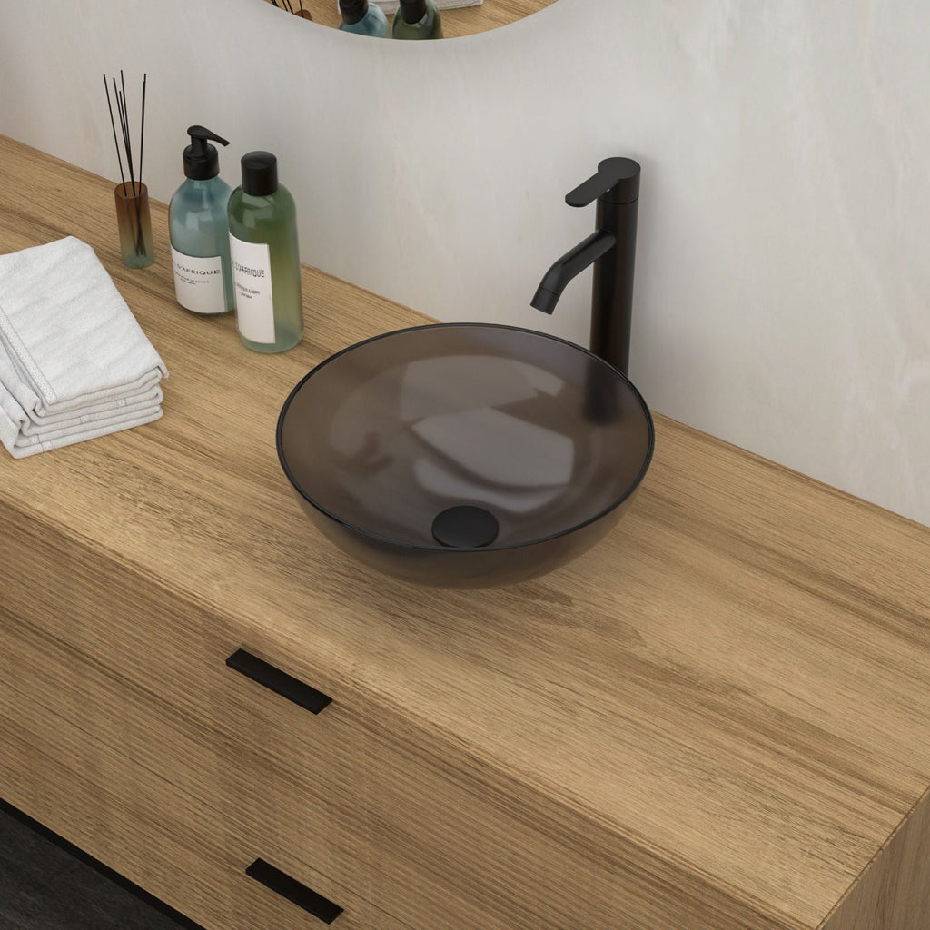 Tempered Glass Vessel Sink with Pop-Up Drain - White, Pearl Silver, Dark Brown, Dark Gray