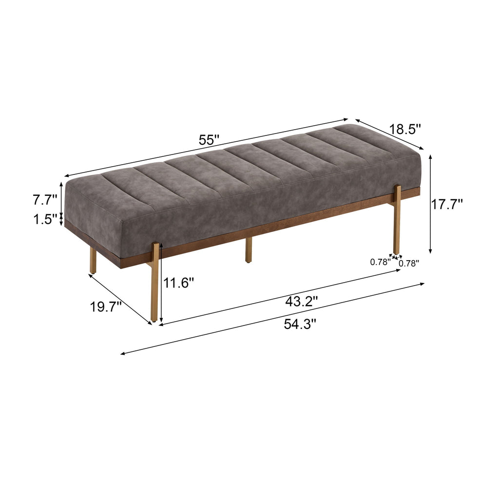 Luxury Upholstered Ottoman Bench with Channel Tufting and Metal Base - Gray