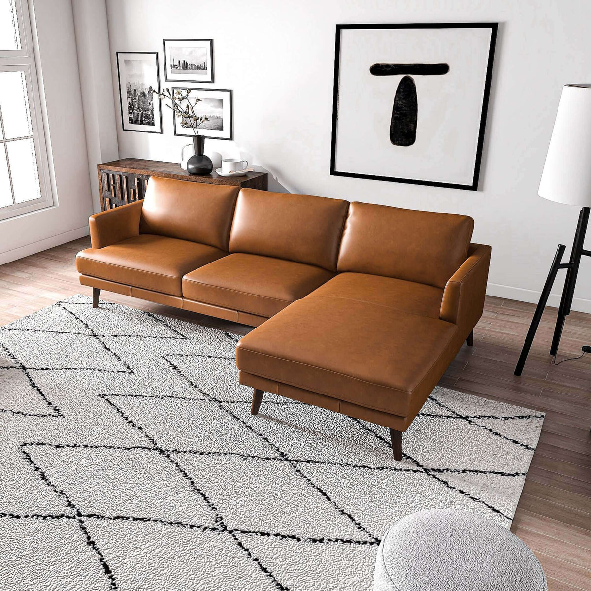 Light Brown L-Shaped Sectional Sofa with Solid Eucalyptus Wood Frame