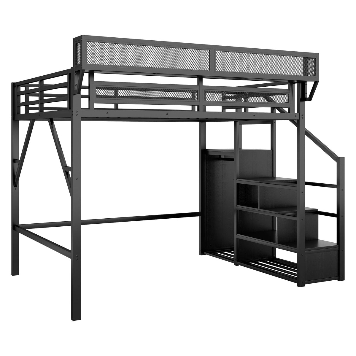 Queen Size Loft Bed with Stairs and Storage Shelves - Black