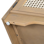 Rustic Storage Bench with Woven Rattan Doors - Natural Wood Finish