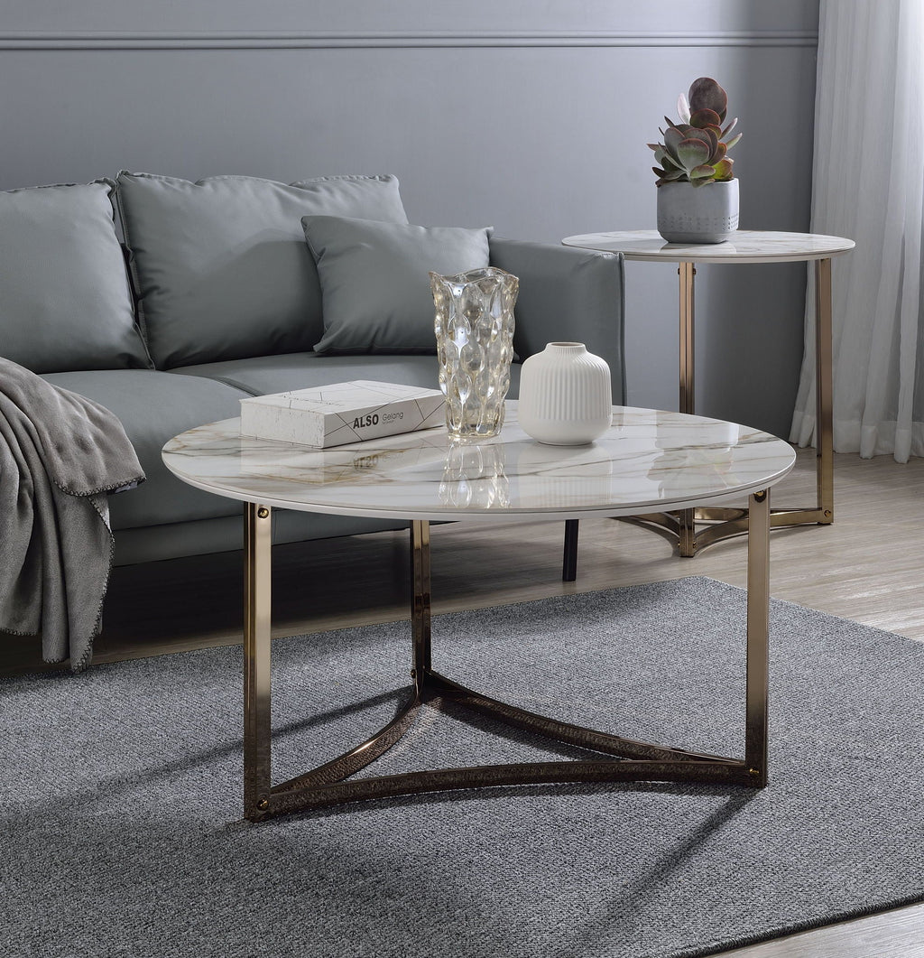 Sintered Stone Top Round Coffee Table with Metal Base - White