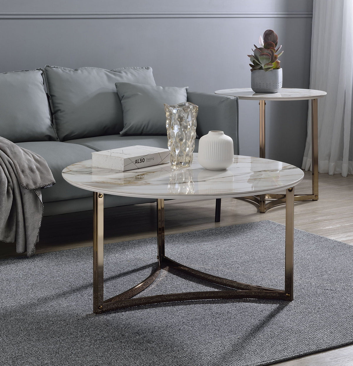 Sintered Stone Top Round Coffee Table with Metal Base - White