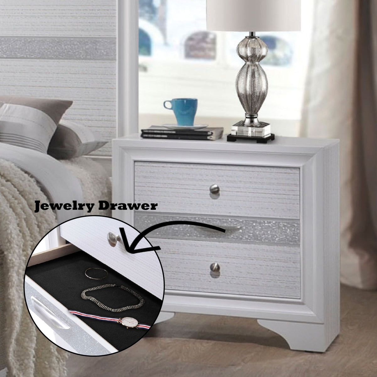 Chic Design Accent Nightstand with Felt-Lined Jewelry Drawer – White, Black, or Dark Gray