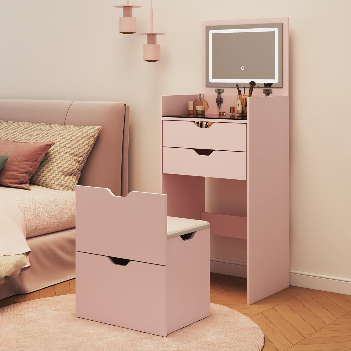 3-in-1 Multifunctional Dressing Table Set with Adjustable Lighting - Wood