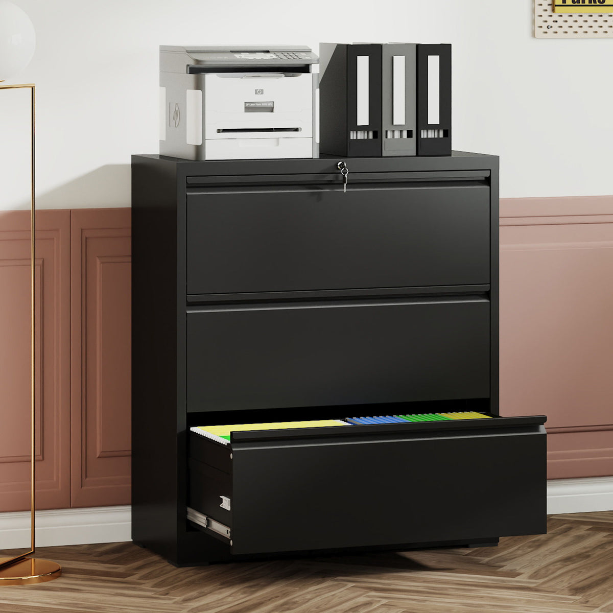 Black Lateral File Cabinet with Heavy Duty Locking Drawers