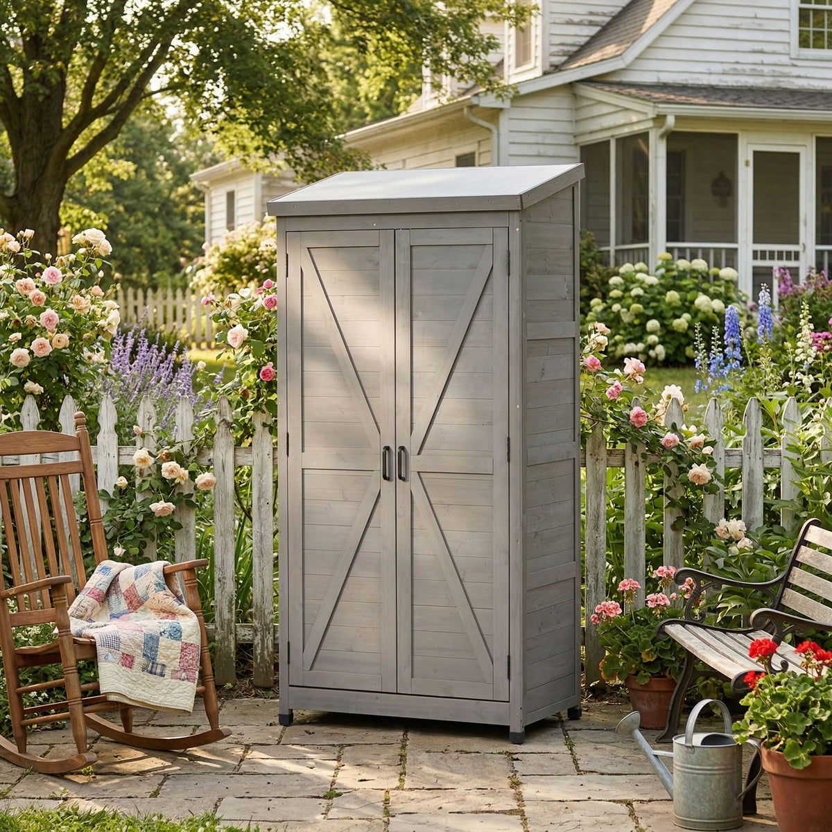 Outdoor Storage Shed with Vertical Tool Cabinet - Solid Wood, Dark Gray or Light Brown