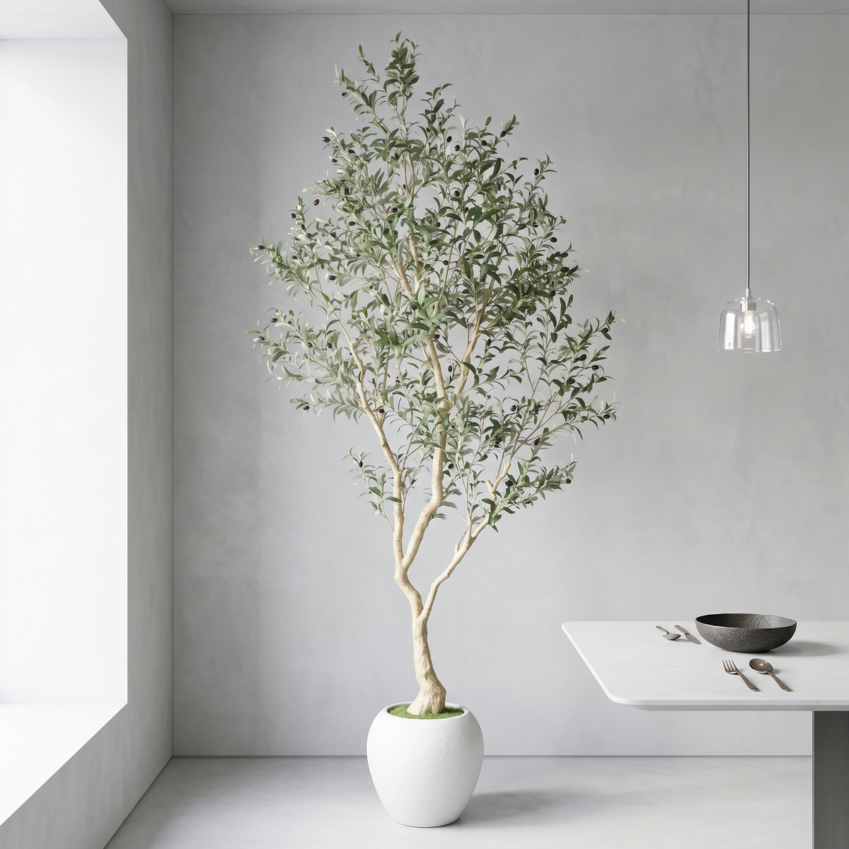 8.2FT Artificial Olive Tree with Decorative White Planter – Green Leaves