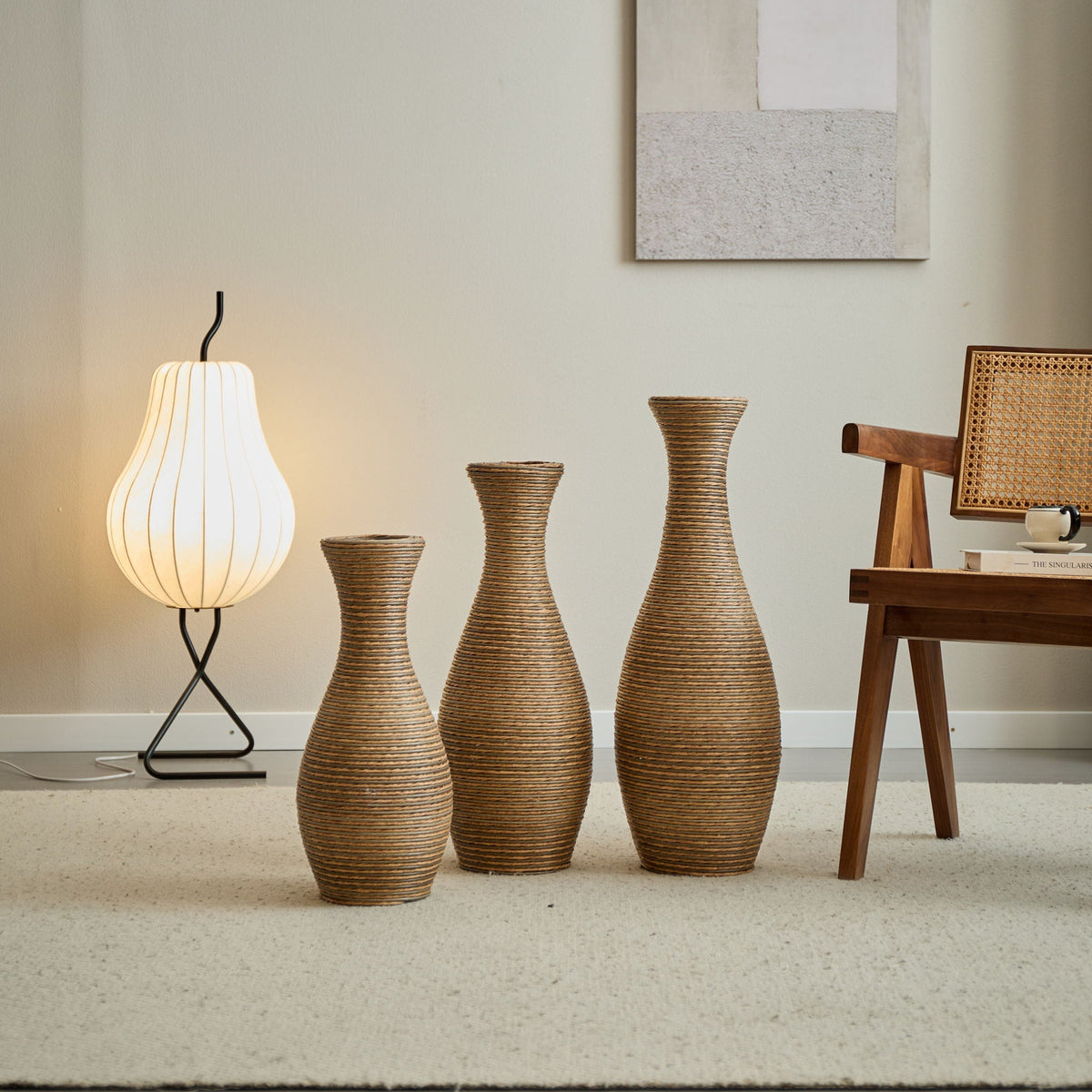 3 Piece Artificial Rattan Floor Vase Set with Modern Artistic Style - Beige