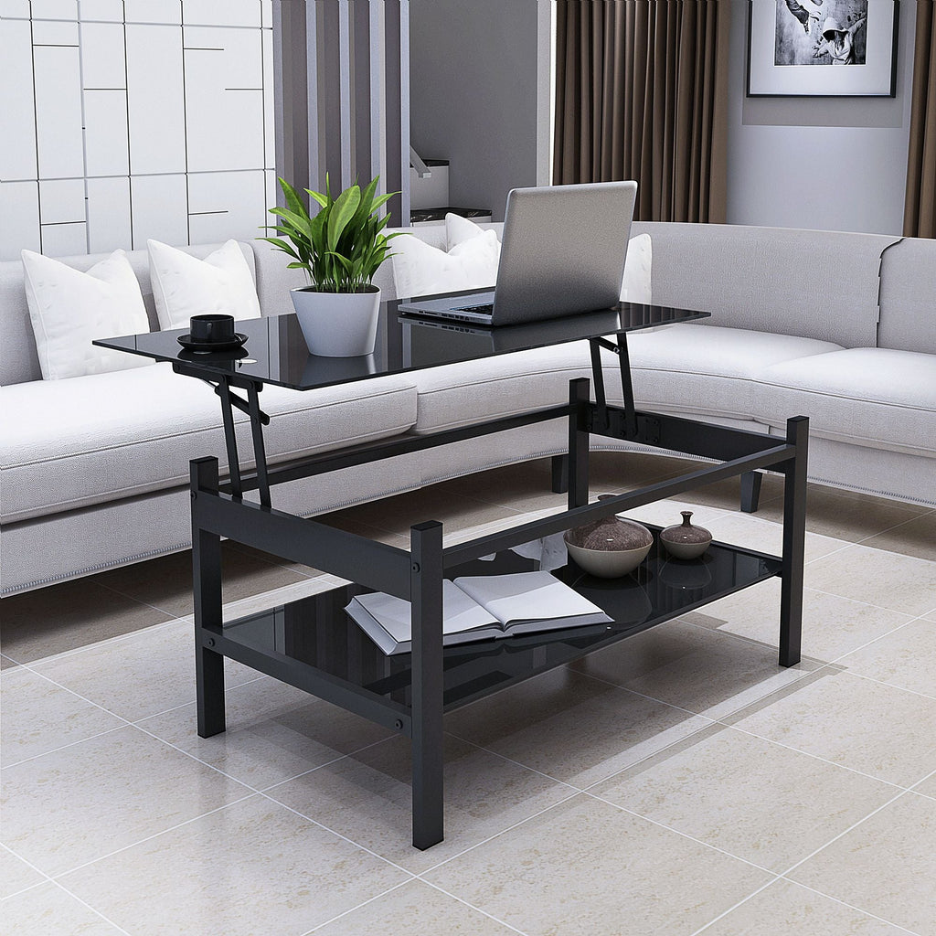Glass Lift Top Coffee Table with Storage Shelf - Black