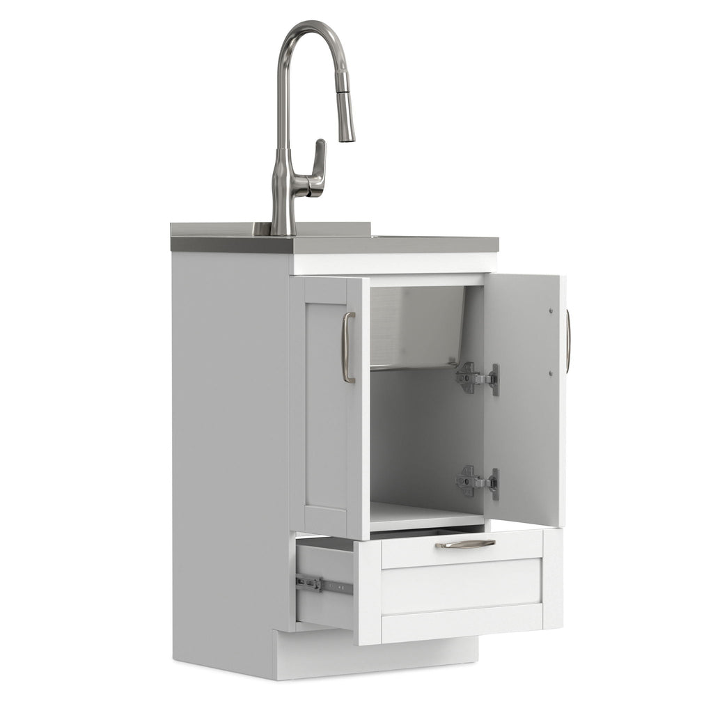 Deluxe Laundry Cabinet with Pull-Out Faucet and Stainless Steel Sink - White