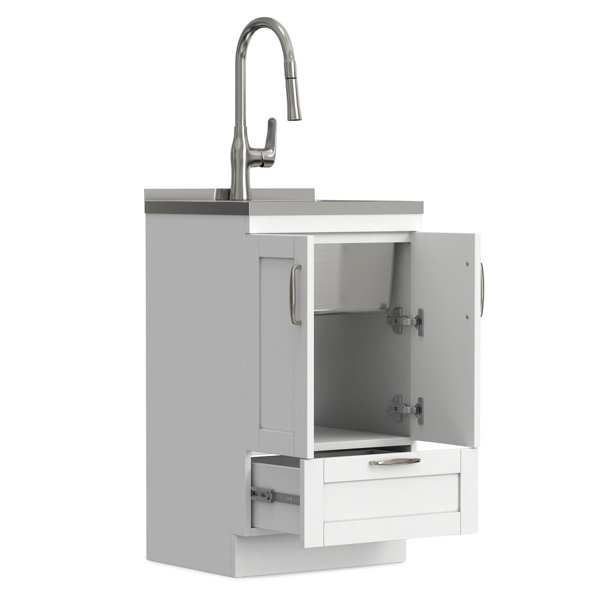 Deluxe Laundry Cabinet with Pull-Out Faucet and Stainless Steel Sink - White