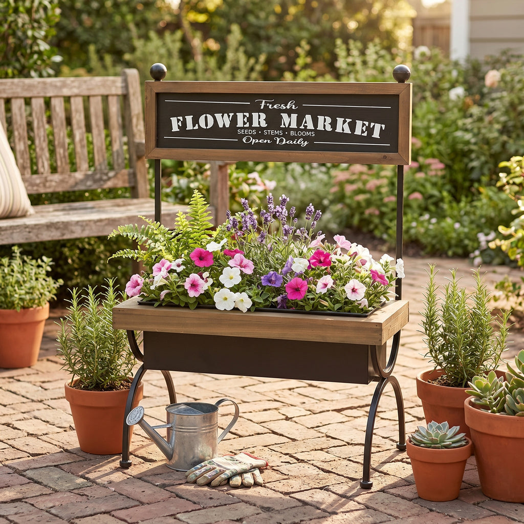 Rustic Planter Garden Pot with Metal & Wood Frame - Black Brown