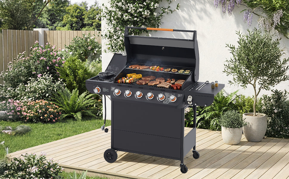 6 Burner Gas Grill with Side Burner - Black
