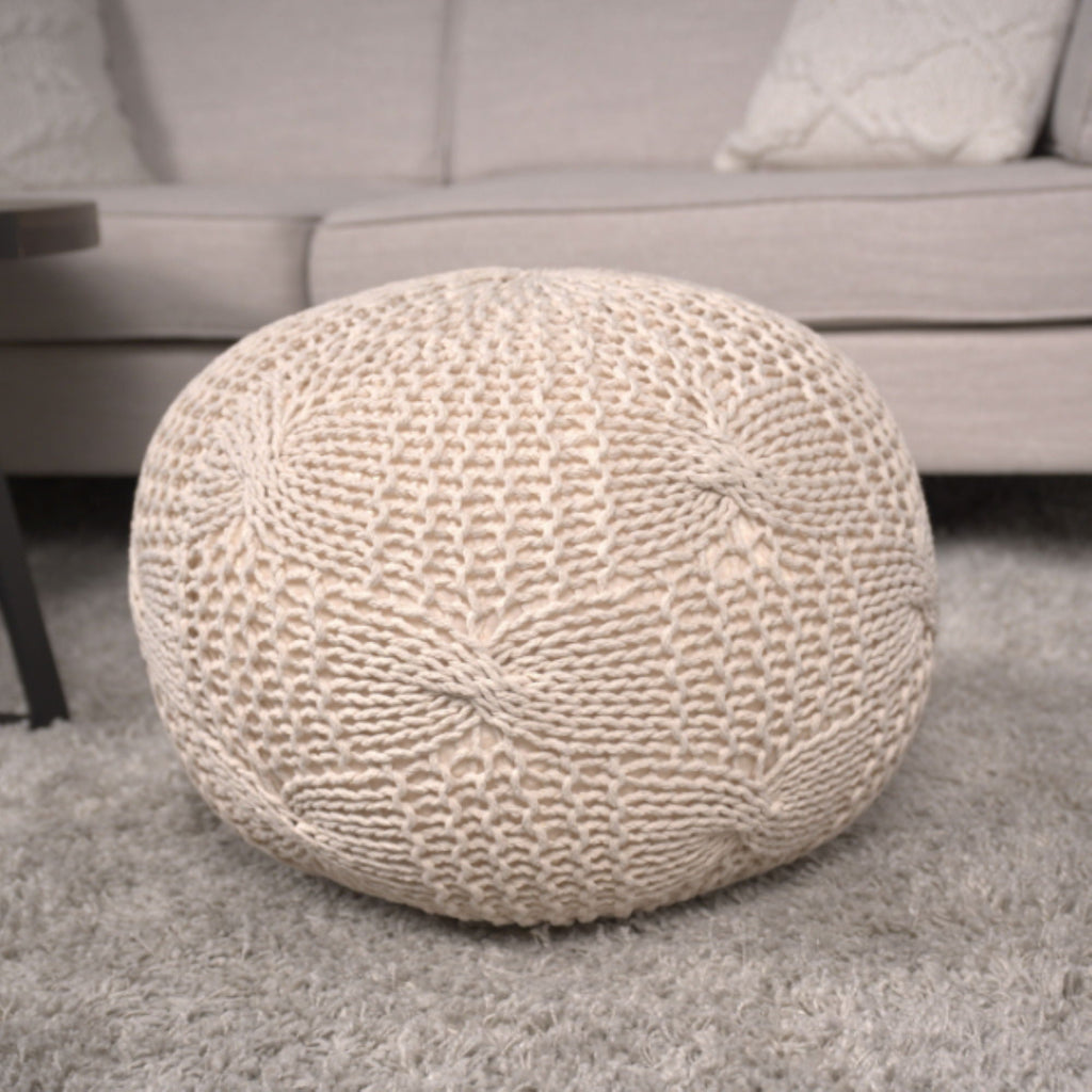 Knitted Round Pouf with Polystyrene Bead Fill - Beige or Dark Gray
