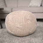 Knitted Round Pouf with Polystyrene Bead Fill - Beige or Dark Gray