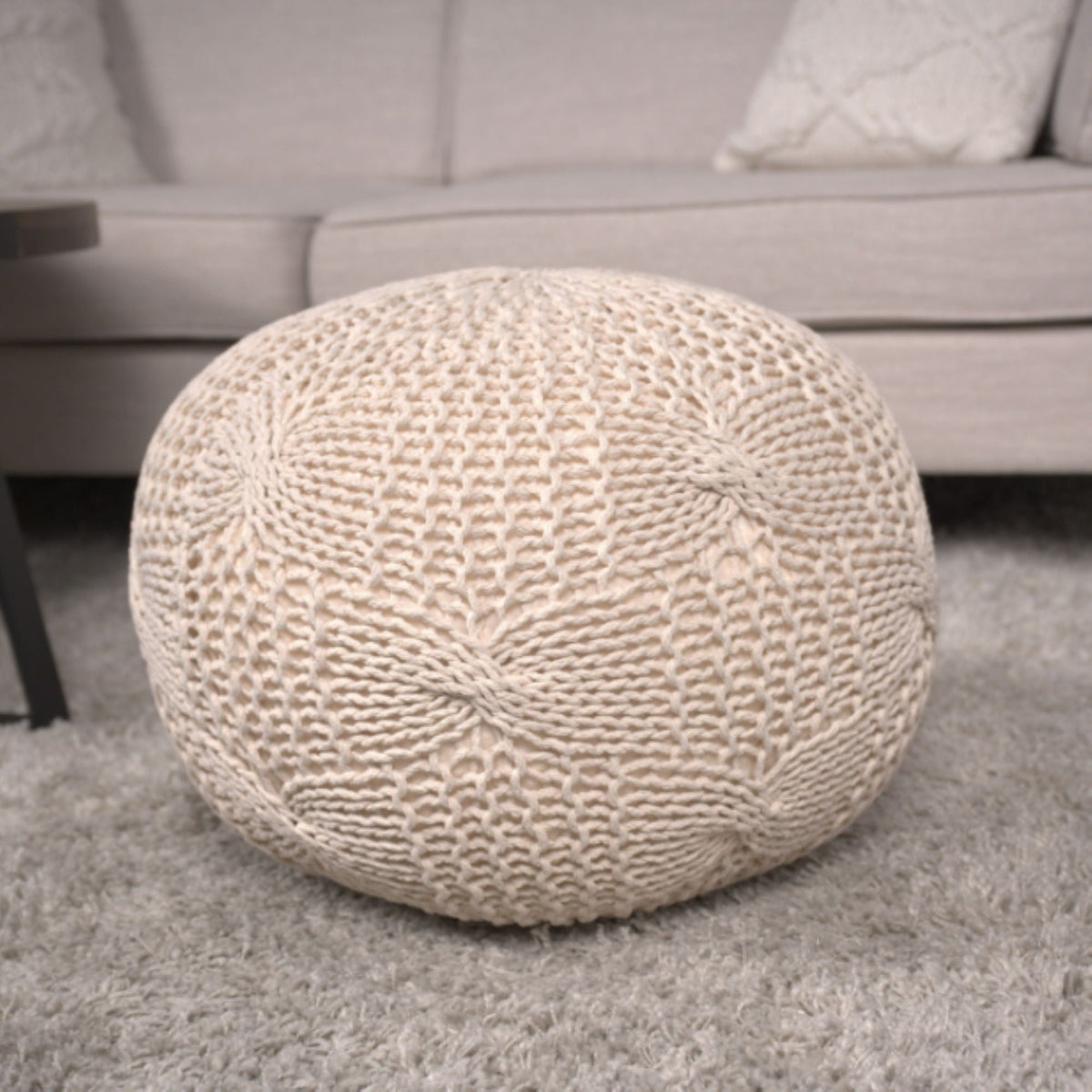 Knitted Round Pouf with Polystyrene Bead Fill - Beige or Dark Gray