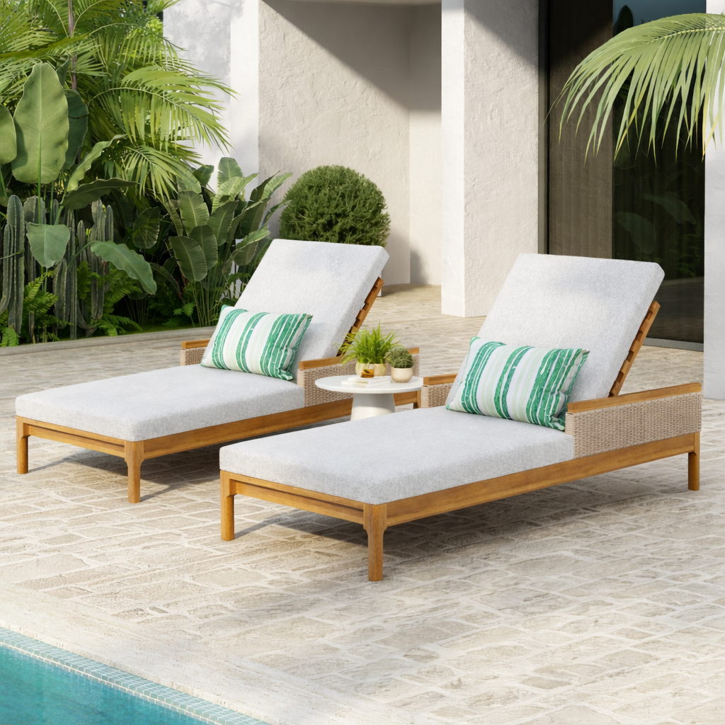 Solid Acacia Wood Sun Lounger Set with Grey Cushions - Outdoor