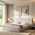 King Size Luxury Wing-Back Upholstered Bed Frame with Padded Headboard - Beige