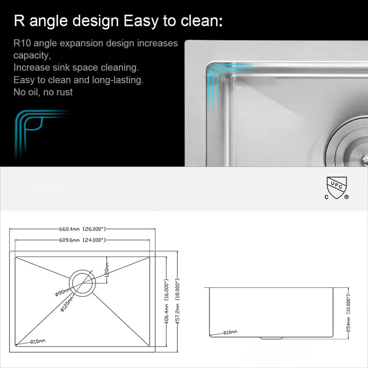 Modern Undermount Stainless Steel Kitchen Sink 16 Gauge, Deep Single Bowl - Gray