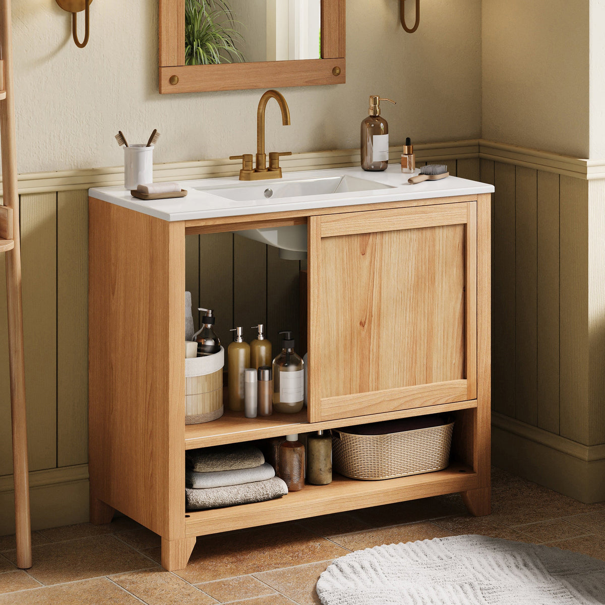 36" Bathroom Vanity with Ceramic Sink and Soft-Close Drawers - White